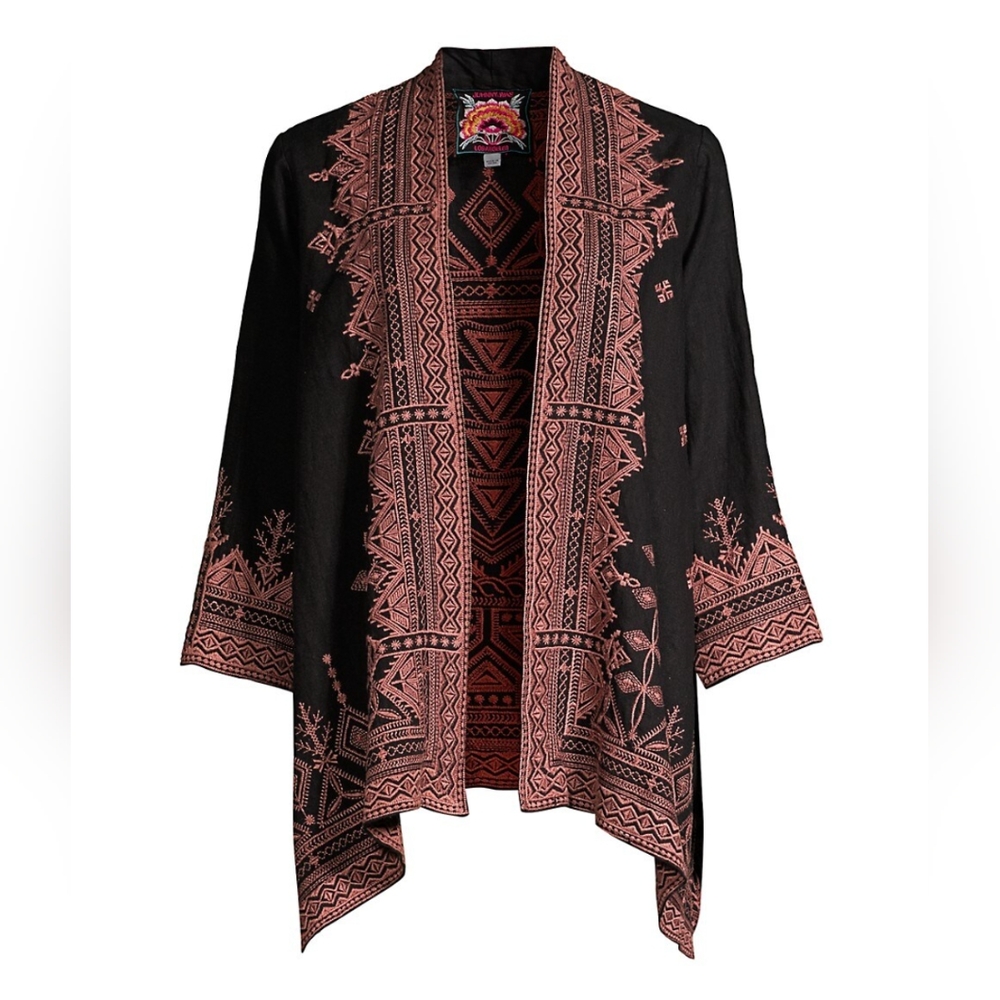 Johnny Was Embroidered Eyal Black Linen Cardigan Jacket Size XXL